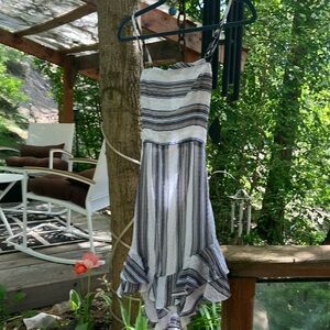 White and blue gray Sundress  with open double tie back ruffle hi low hem